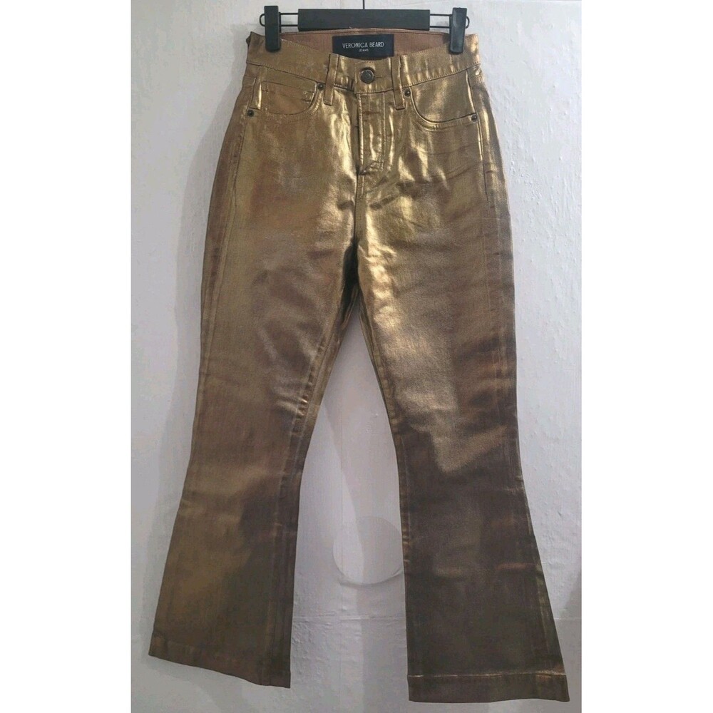 Veronica Beard Carson Ankle Flare Metallic Jeans Antique Brass Sz 25 NWT